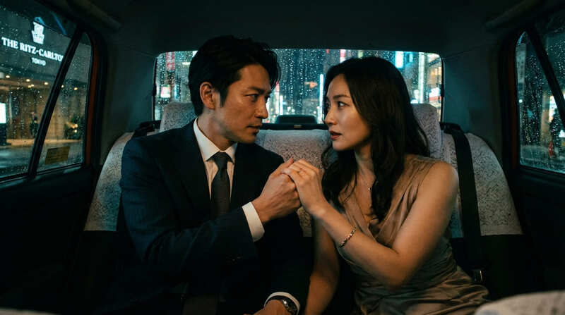 タクシーの後部座席で距離を縮める男女のイメージ